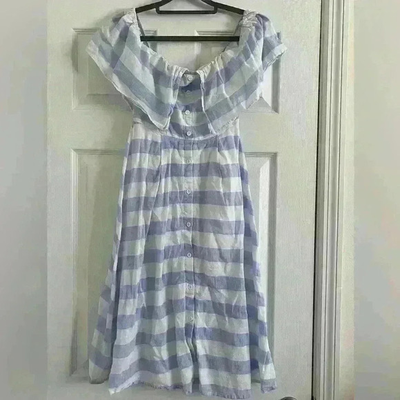 Lulu’s Transatlantic Voyage Blue Striped Off The Shoulder Dress Womens Small - Picture 1 of 4